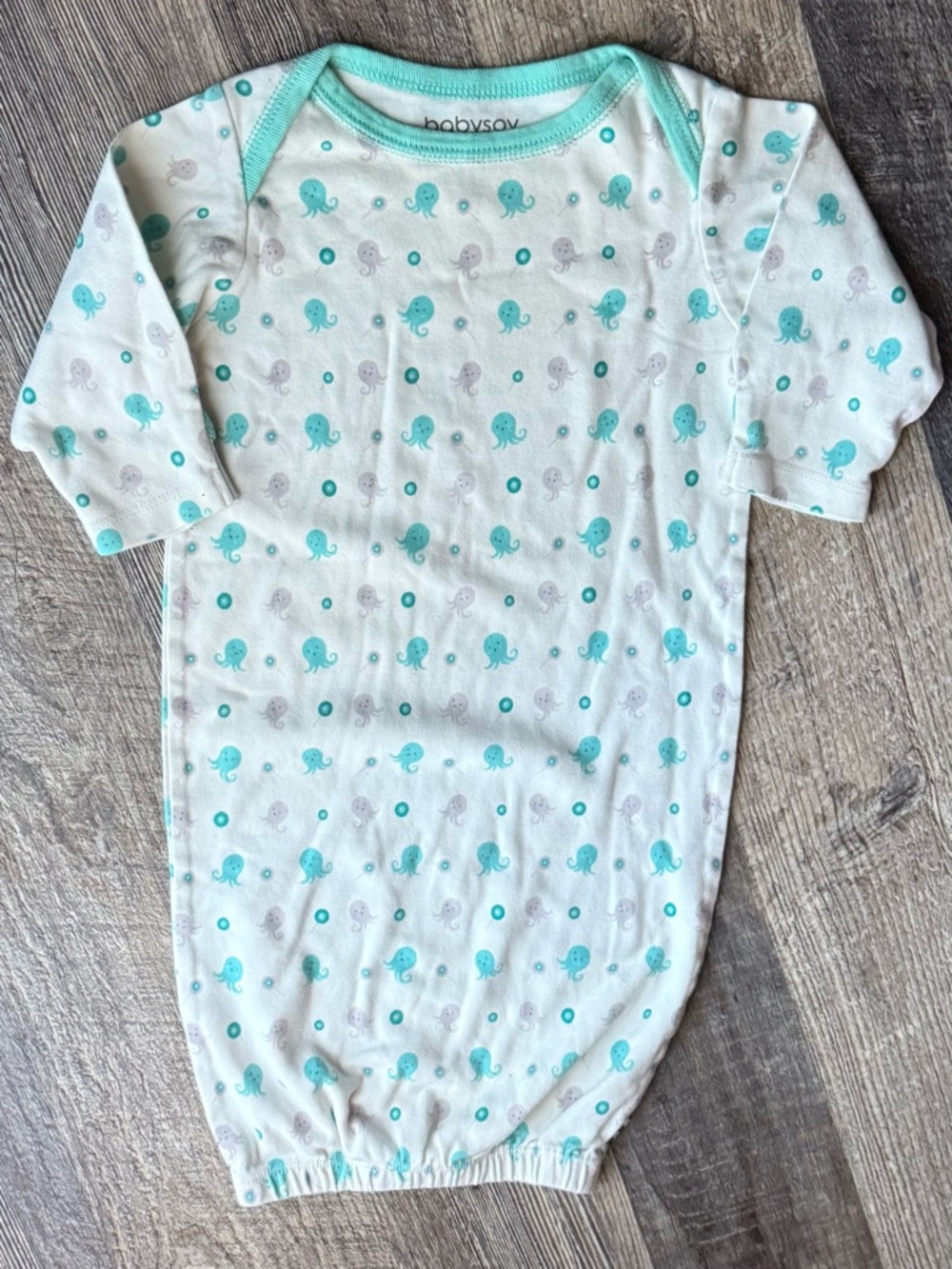 3-6M Babysoy Organic‎ Cotton Octopus Sleep Gown Aqua White